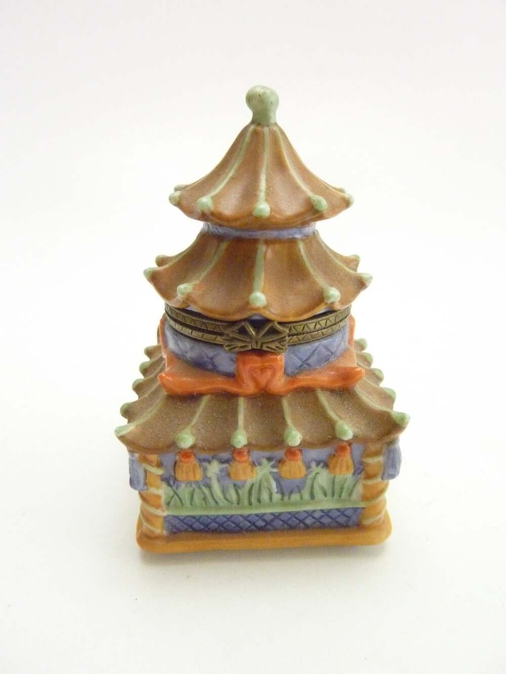 Vintage Ceramic Pagoda Inkwell Trinket Dish with Lid 3.5 Inch Small Decor